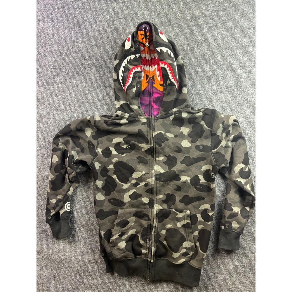 A Bathing Ape Shark Full Zip Hoodie Mens M Grey Camo WGM Tiger Graphic